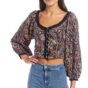 FREE PEOPLE DARE ME BLOUSE VELVET CROPPED PAISLEY BLACK COMBO SIZE S-NWOT